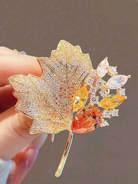 Golden Maple Leaf Rhinestone Brooch Pin
